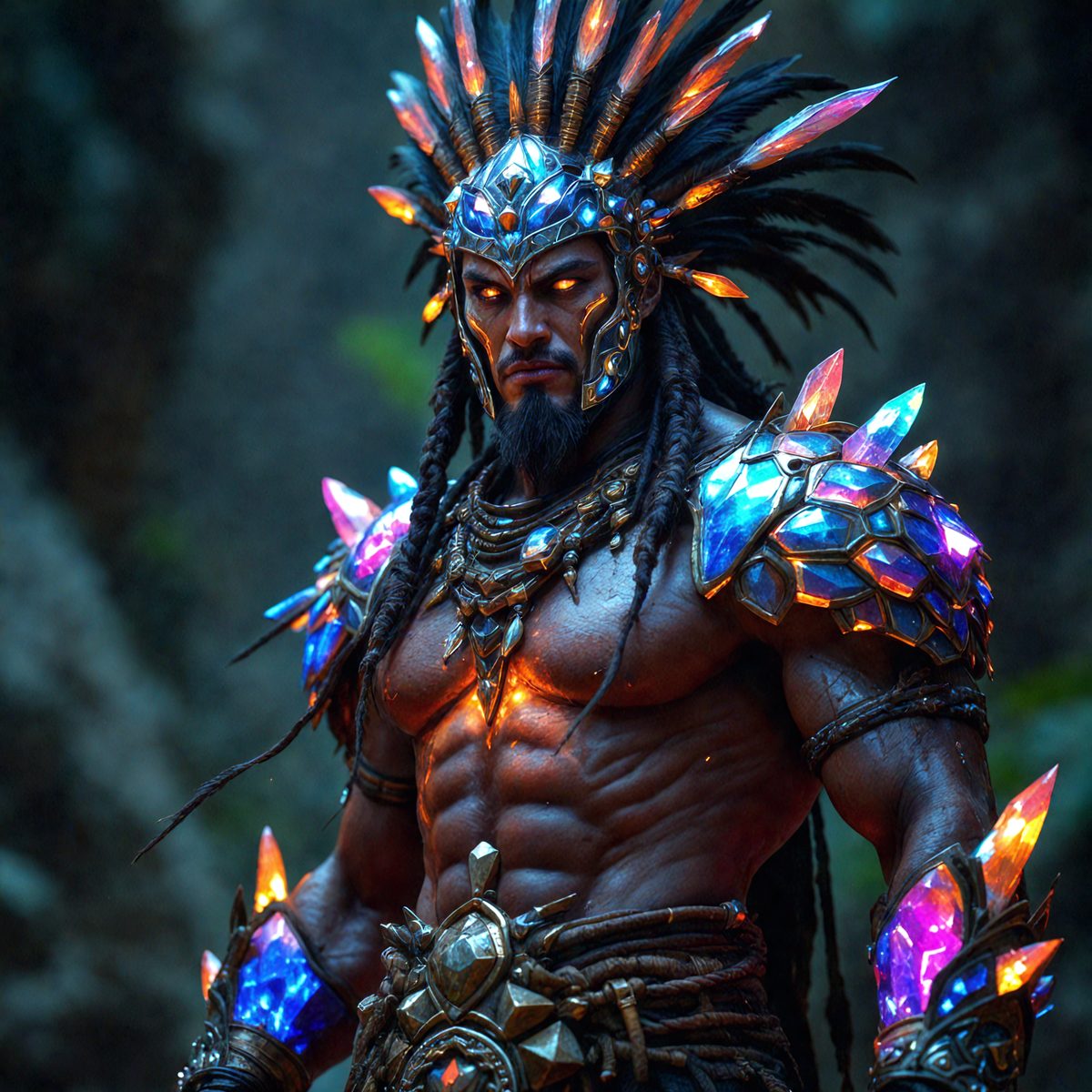The primary subject of the image is a man wearing a colorful headdress, which appears to be a combination of a feathered headdress and a headpiece with crystals. The man is standing in front of a rocky background, which adds to the overall atmosphere of the scene. The visual style of the image is a mix of digital art and illustration, creating a unique and eye-catching appearance. The colors and mood of the image are vibrant and lively, with the man's headdress being the main focus and drawing attention to his striking appearance.